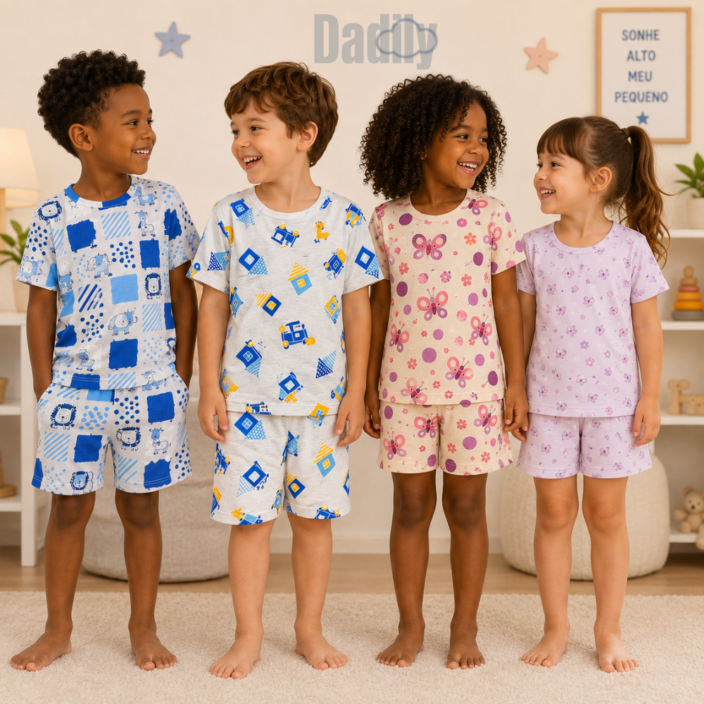 Pijama infantil menina e menino estampas sortidas 100% algodão manga curta tamanho 2 a 10 anos
