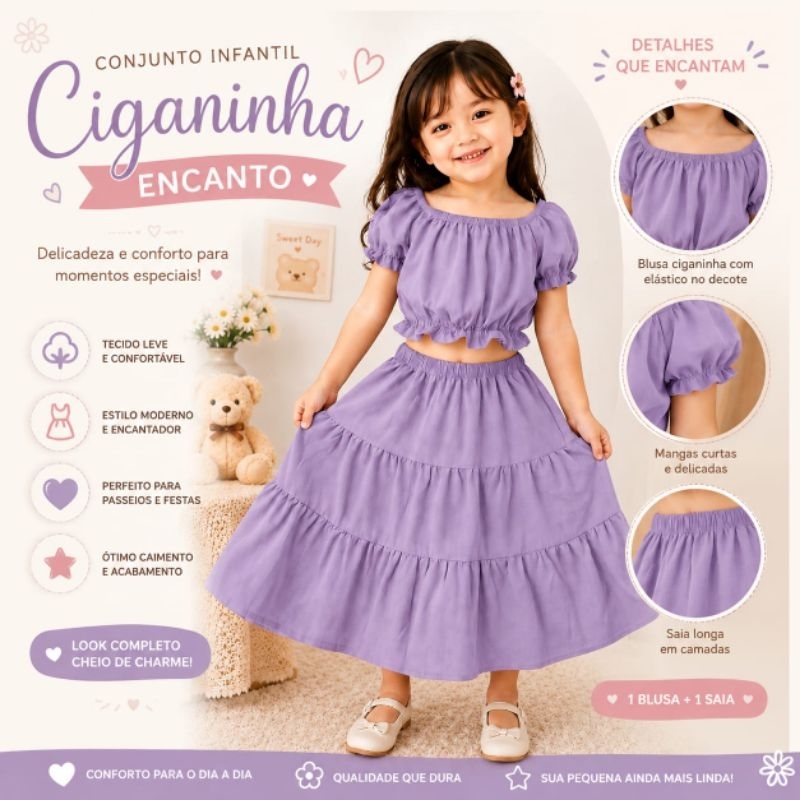 Conjunto Infantil Ciganinha Encanto – Blusa Cropped e Saia Longa em Camadas