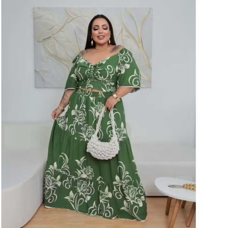 Conjunto Cropped + Saia Longa Plus Size Estampado Laço Frontal Ajustável Moda Elegante Verão Look Tendência Confortável
