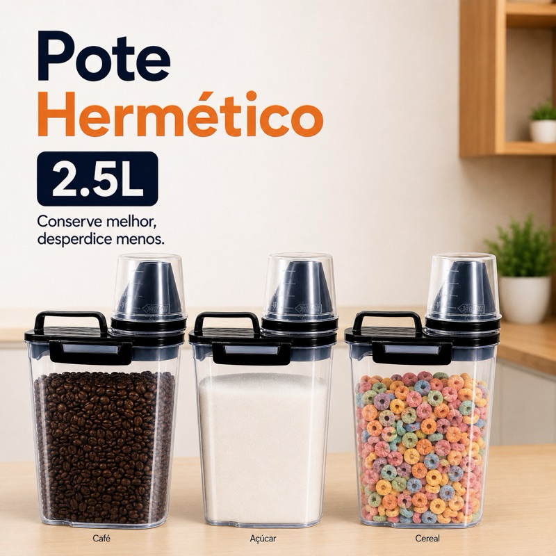 Kit Pote Hermético 2,5L Com Dosador e Copo Medidor Travas Laterais Armazenador de Grãos Liquidos Multiuso