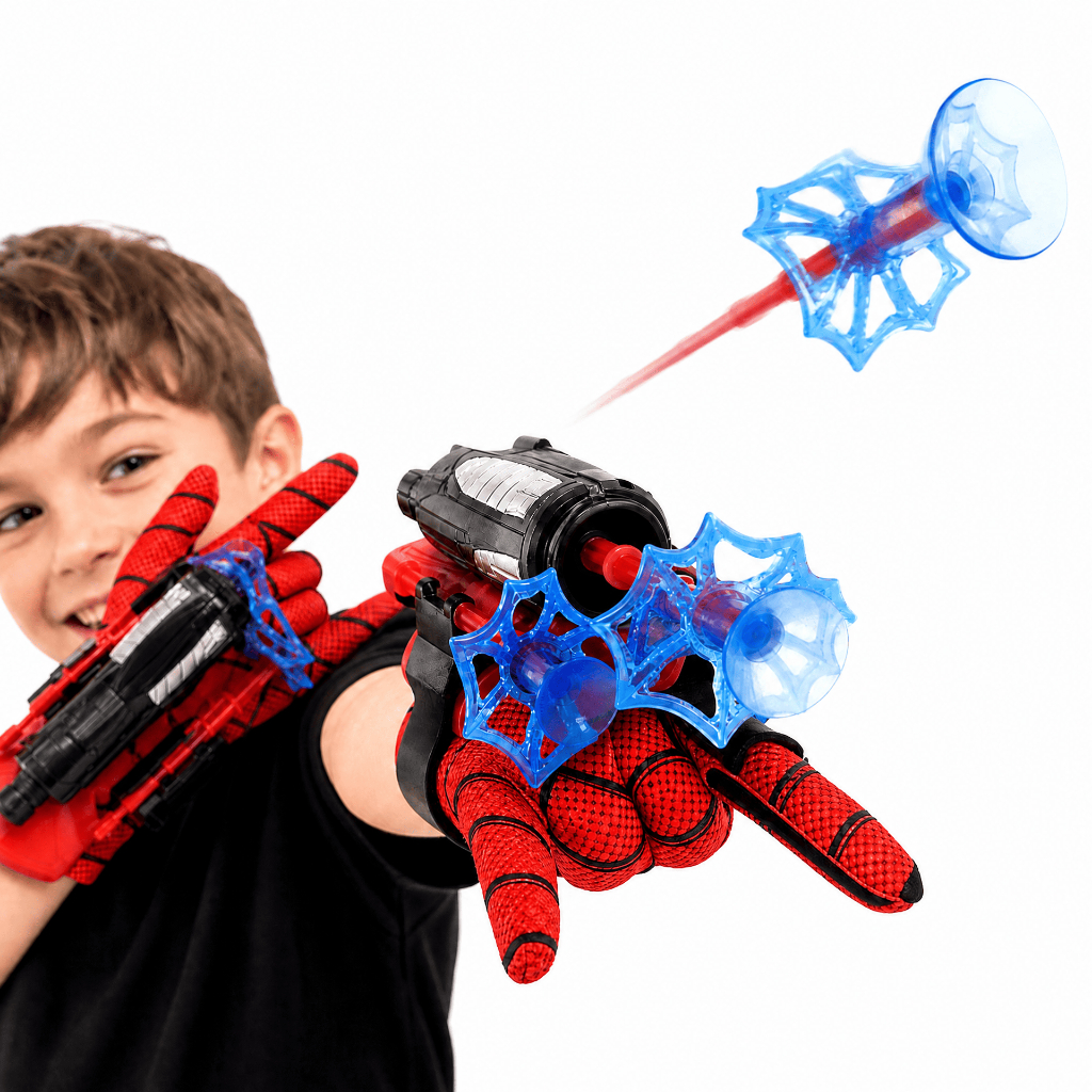 Luvas Lança Teia Infantil Homem-Aranha Brinquedo com Ventosa e Alcance 5m