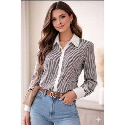 Blusa Feminina Social Listrada Manga Longa Estilo Moderno e Elegante Para trabalho