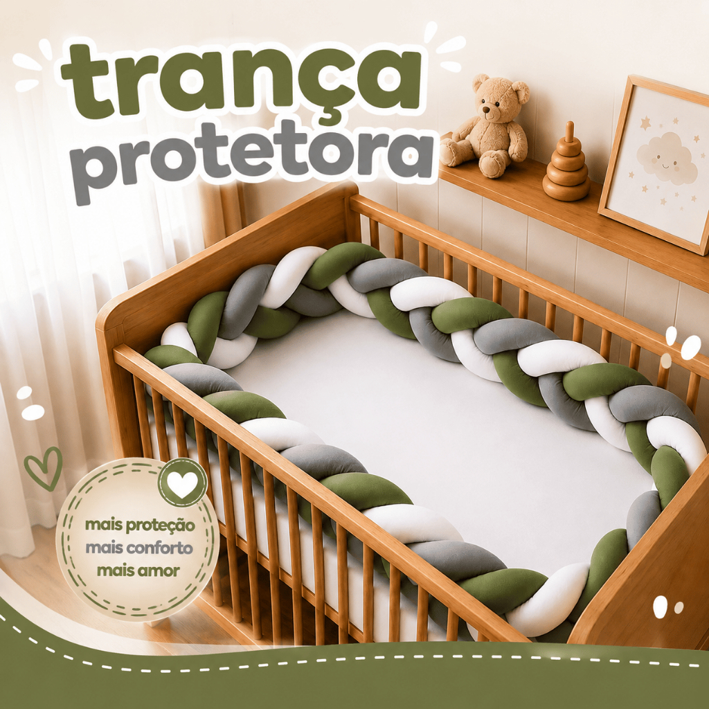 Trança Cinza Verde Branca Protetor avulso para Berço Americano Mini Cama de menino 2,40 ou 4 metros