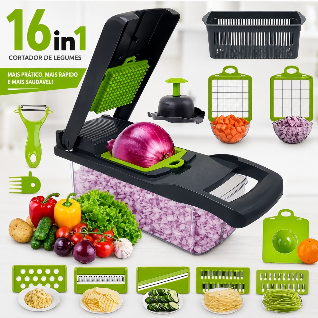 Cortador de Legumes 16 em 1 Multifuncional Fatiador Ralador Picador com Lâminas em Aço Inox para Frutas Verduras Cozinha