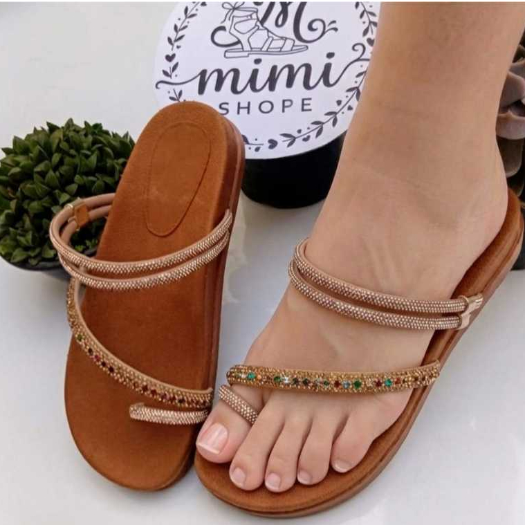 PAPETE FEMININA STRASS  SANDALIA PLANA ELEGANTE CONFORTAVEL CARAMELO