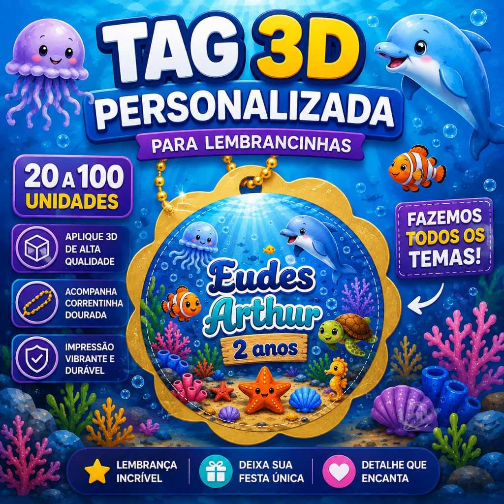 Tag aplique 3D Personalizada Fundo do Mar com Nome e Idade | Lembrancinha Festa Infantil | Acompanha correntinha