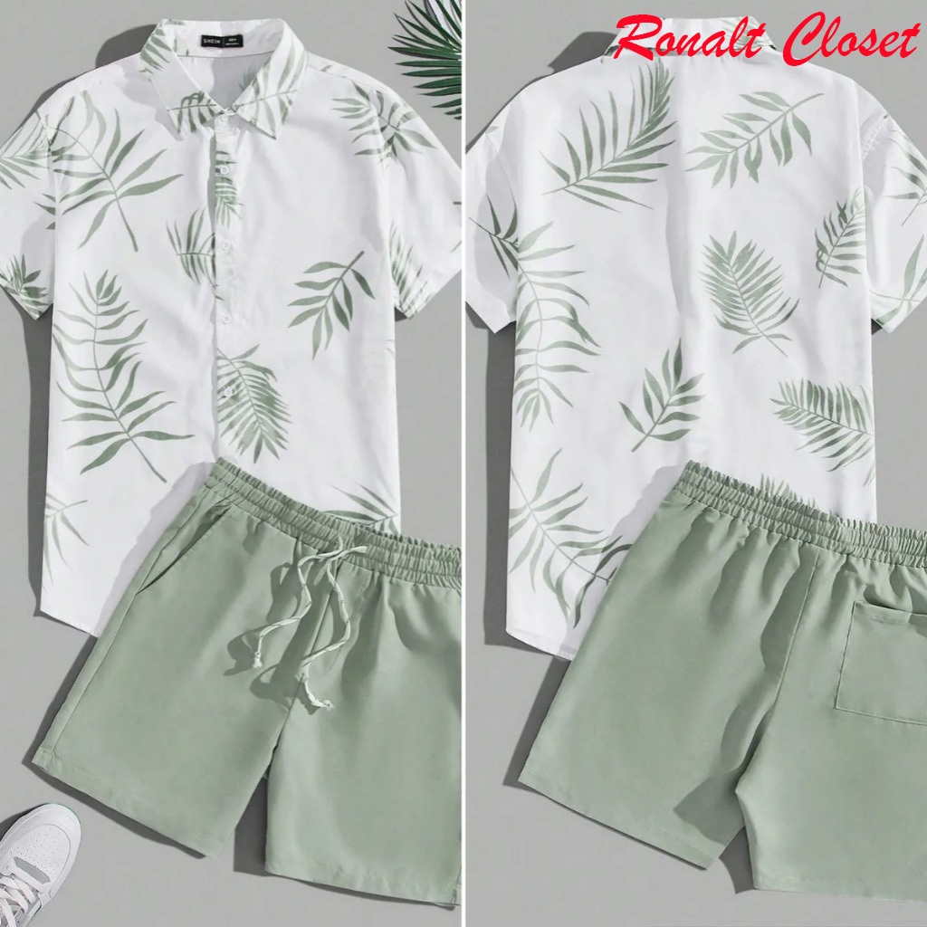 2 Peças Conjunto De Masculino Casual Camisa Estampada Com Folhas Botões E Shorts Sólidos