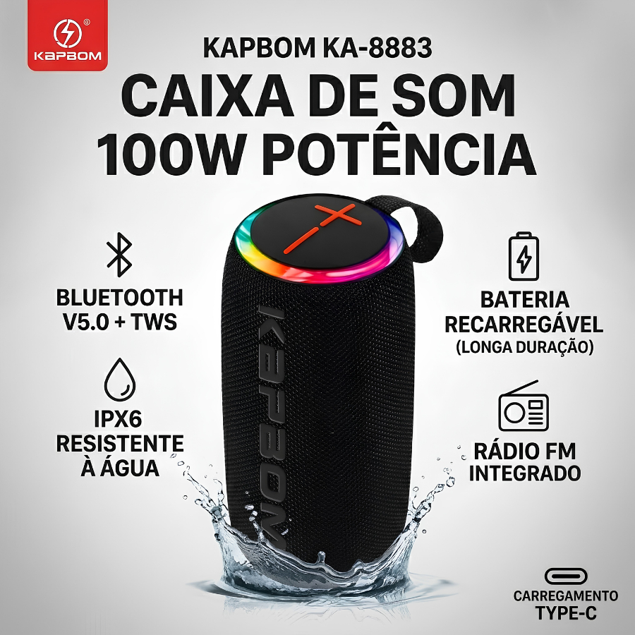 Caixa de Som LED Kapbom KA-8883 IPX6 Recarregável 100W com Rádio FM Bluetooth TWS Resistente a Água USB Tipo C RGB