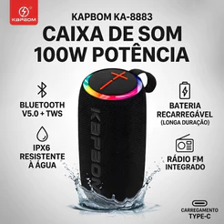 Caixa de Som LED Kapbom KA-8883 IPX6 Recarregável 100W com Rádio FM Bluetooth TWS Resistente a Água USB Tipo C RGB