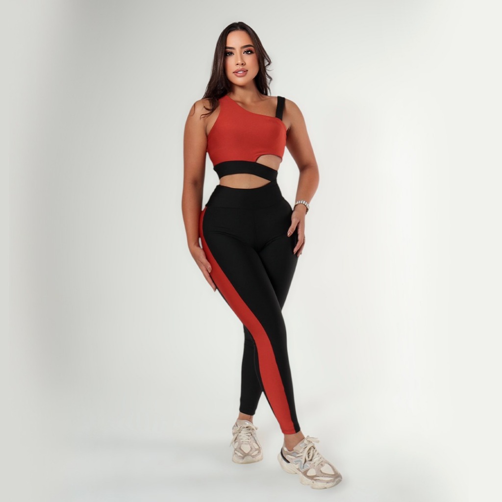 Conjunto Fitness Feminino Academia Bicolor Calça Legging e Top Alça Zero Transparência Treino Confortável