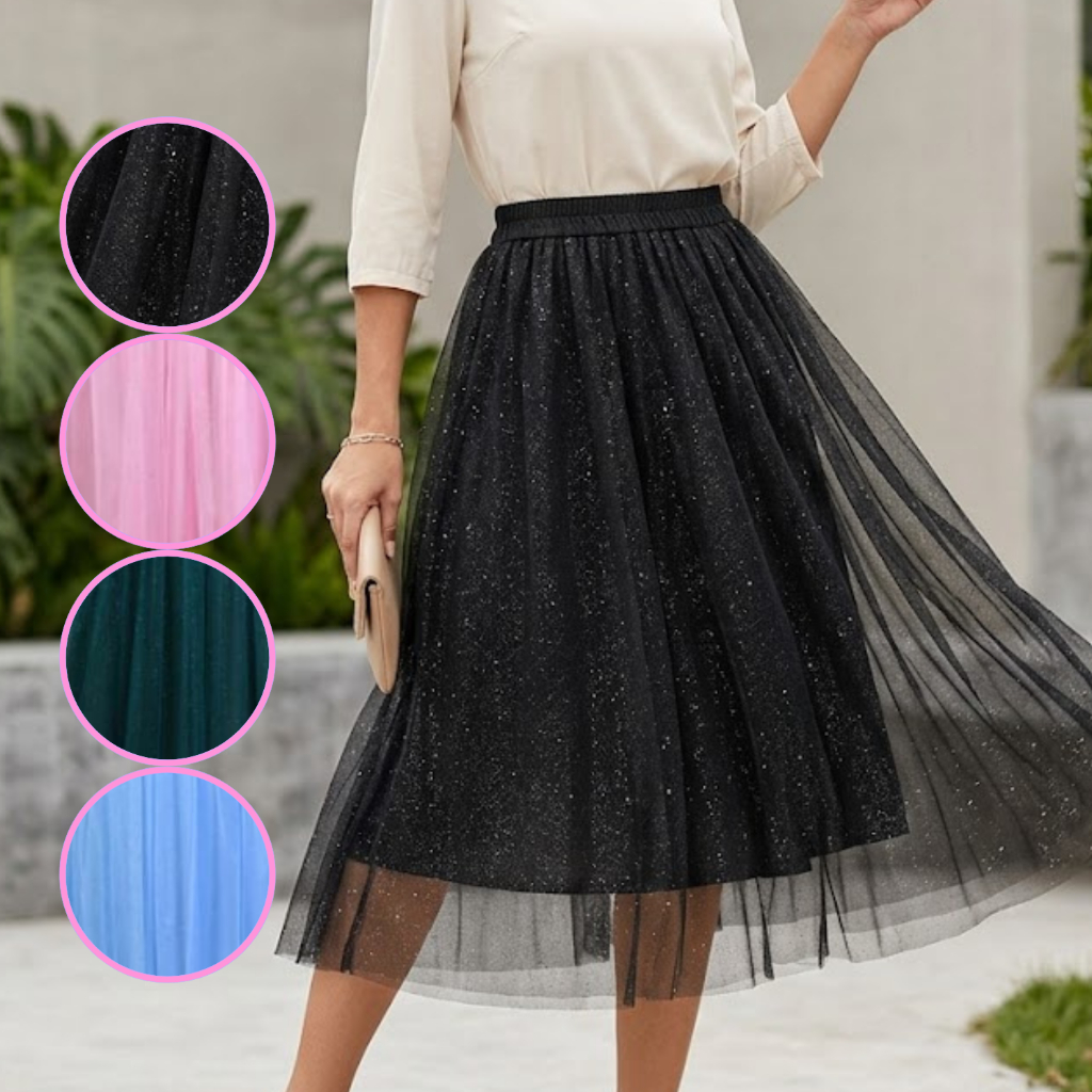 Saia Midi Tule Com Brilho Rodada Moda Evangélica Feminina Forrada Festa Culto - TSB Modas
