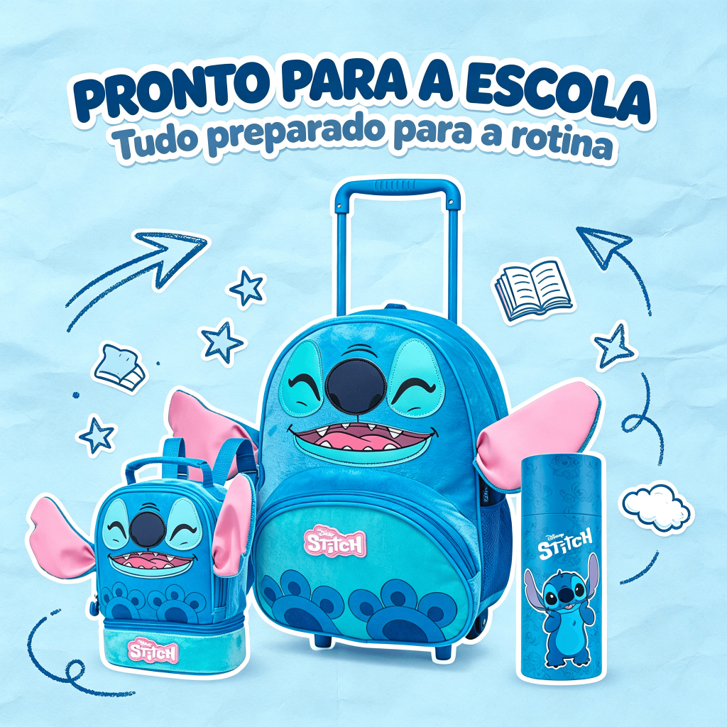Kit Mochila Rodinha Disney Stitch Lancheira Garrafa 480ML Infantil