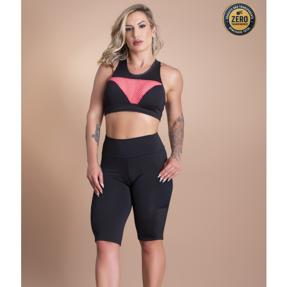 Conjunto Fitness Feminino Bermuda Cintura Alta Bolso Tela E Top Nadador Sustentação Academia Treino ZERO TRANSPARÊNCIA