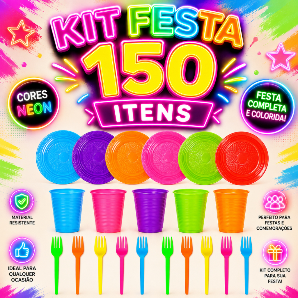 150 Itens Neon - Pratinho + Copo + Garfinho Descartavel Brilha Luz Negra