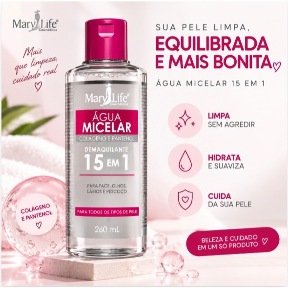 💧KIT COM 2 UNIDADES - ÁGUA MICELAR COLÁGENO E PANTENOL, DEMAQUILANTE, LIMPEZA FACIA 15 em 1