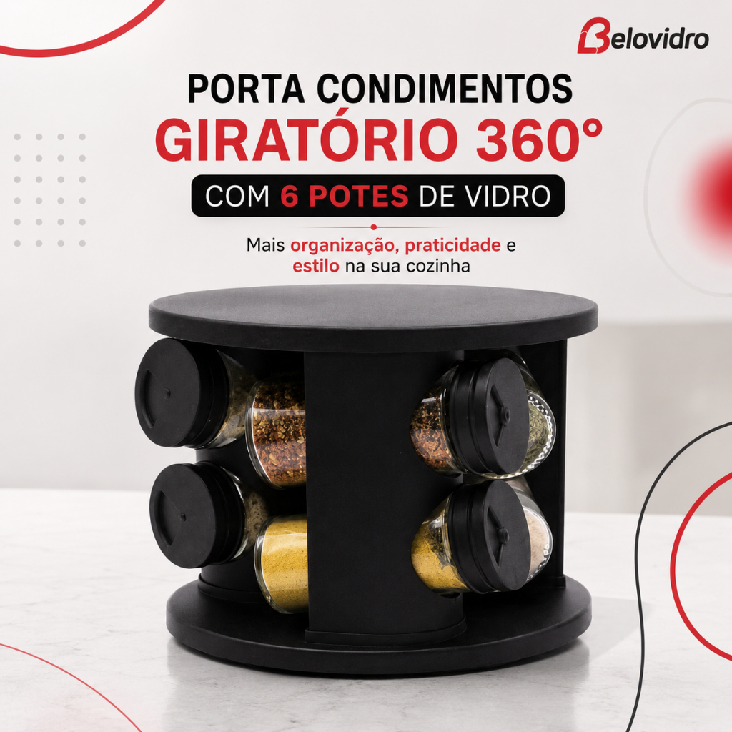 Porta Condimentos Giratório 360° com 6 Potes de Vidro – Organizador de Temperos Cozinha Preto