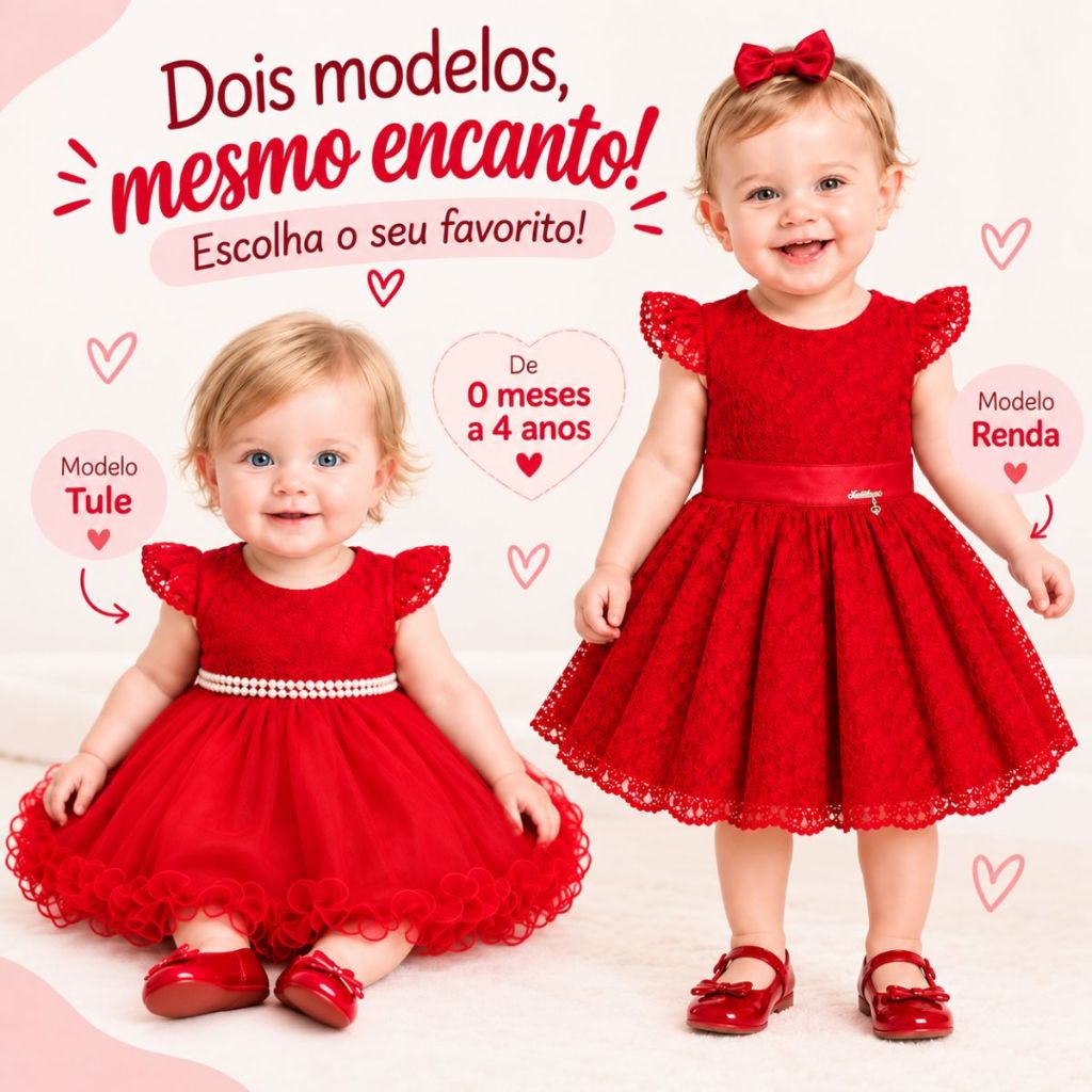Vestido Infantil Bebê ao 4 Anos Vermelho Renda Tule Perfeito Mesversário Natal Ensaios Fotográficos