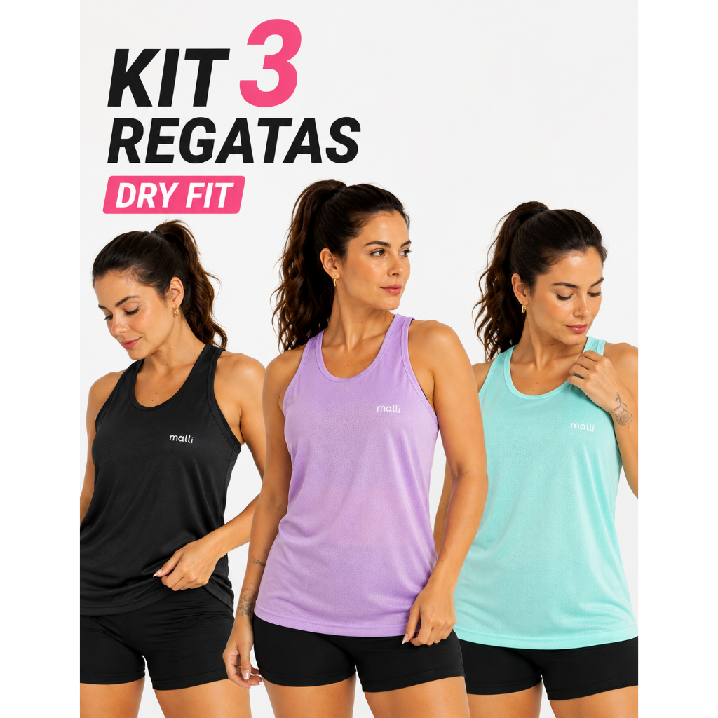Kit 3 Regata Blusa Feminina DryFit Academia Treino Corrida Fitness Esportiva
