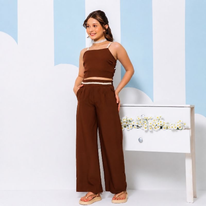 Conjunto Feminino Juvenil Calça Longa e Cropped 12 ao 16 Tendência Moda Teen Casual Elegante Chic
