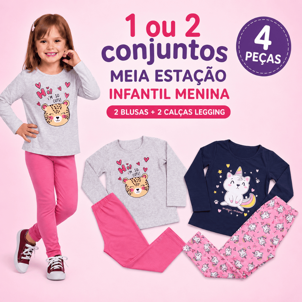 Conjunto Infantil Menina Meia Estação Manga Longa e Legging 1 ou 2 Conjuntos Algodão Tam 1 ao 8 Estampas Sortidas