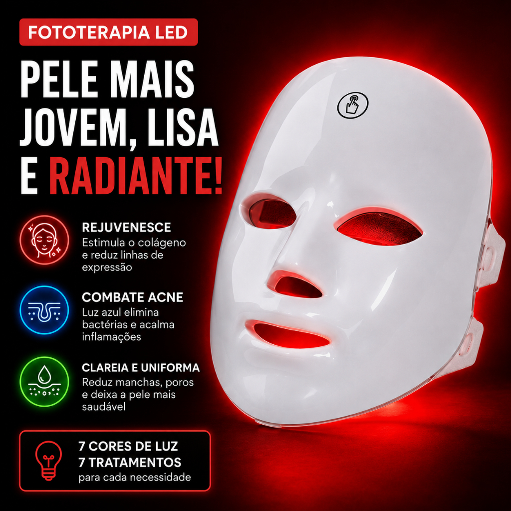 Máscara Facial LED 7 Cores Fototerapia Facial Recarregável USB para Skincare Cuidados com a Pele