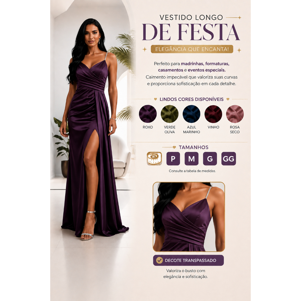Vestido Feminino Longo de Festa Acetinado com Fenda lateral na Saia Madrinhas Formaturas com Alça Ziper nas Costas