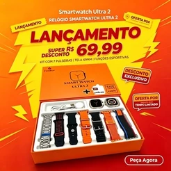 Kit Smartwatch Ultra 2 Tela 49mm, acompanha 7 pulseiras de estilos variados, película protetora e acessórios completos