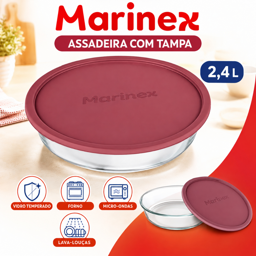 Forma Assadeira Marinex Redonda 2,4L com Tampa  Cores Sortidas Vidro Temperado Forno