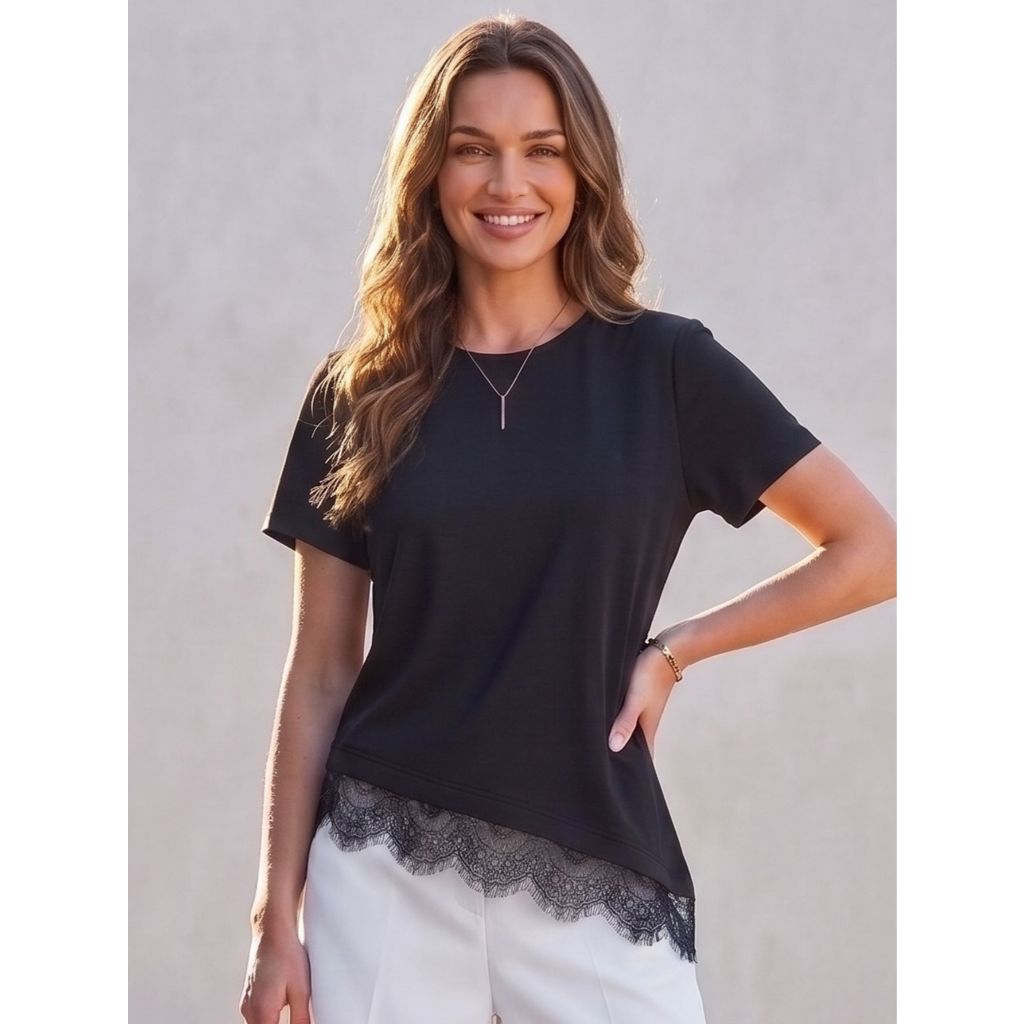 Blusa Feminina T-Shirt com Renda Barra Assimétrica 100% Algodão Casual Básica Confortável