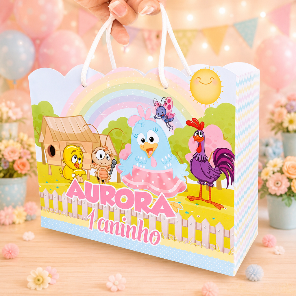 Kit Sacolinhas Personalizadas Galinha Pintadinha com Nome e Idade Lembrancinha Infantil
