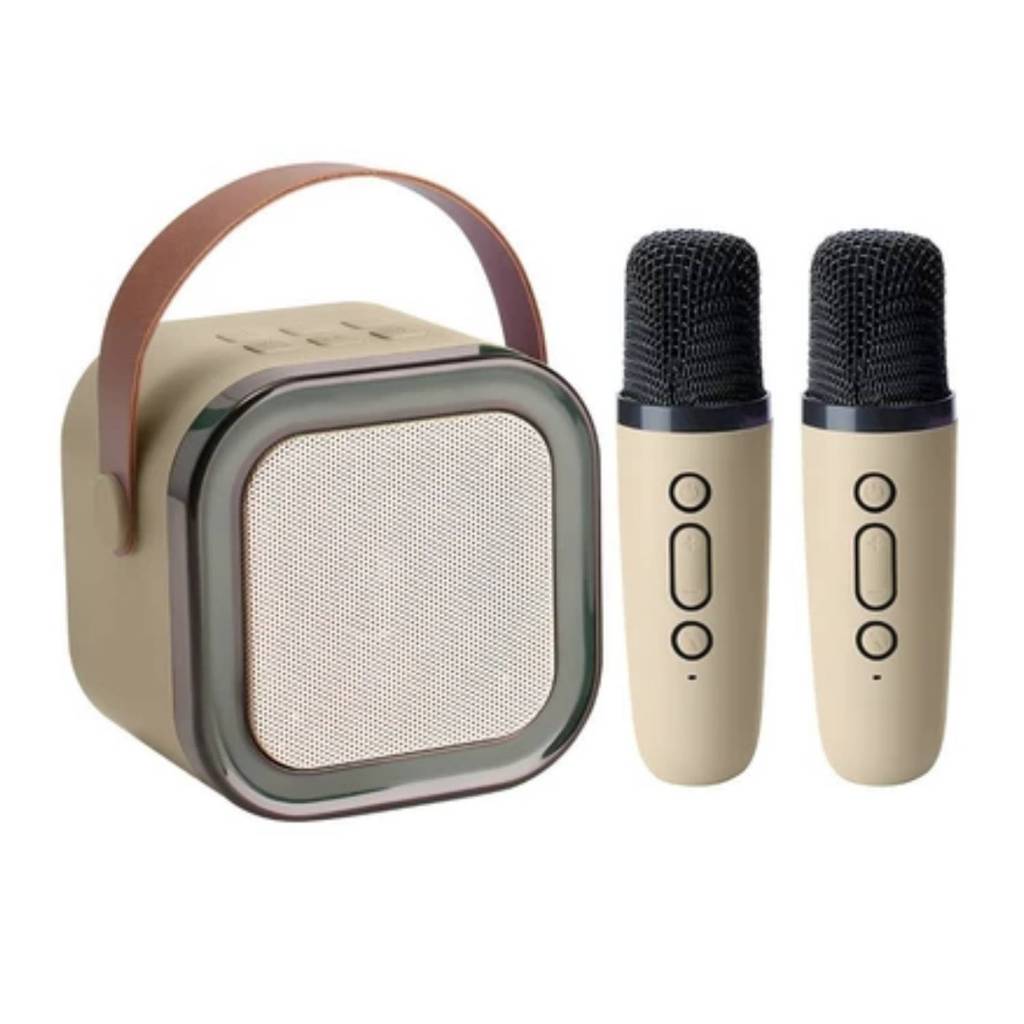 Caixinha de Som com 2 Microfones sem fio. Karaoke Portátil Infantil com Caixa de Som Bluetooth Ideal para Festas