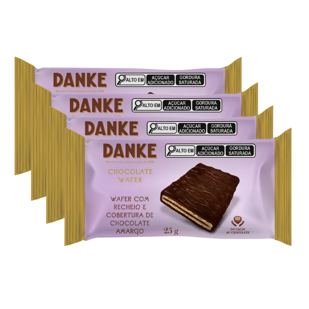 Kit 4un Wafer Danke Chocolate Amargo 25g - Recheio e Cobertura 70% Cacau