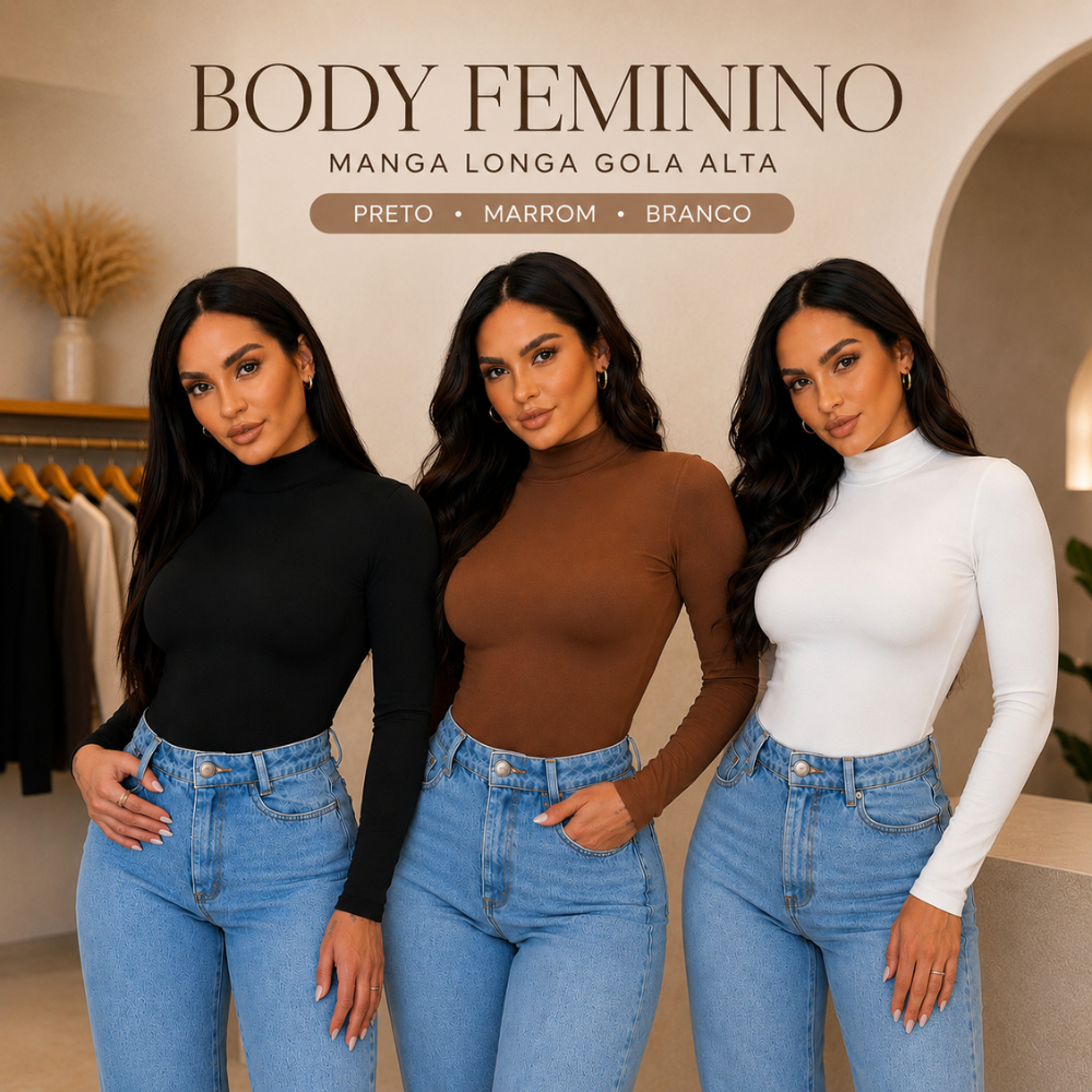 BODY FEMININO MANGA LONGA GOLA ALTA CACHARREL SUPLEX