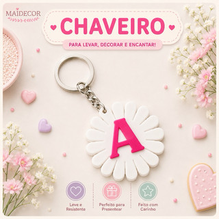 Chaveiro Personalizado Flor com Inicial – Lembrancinha Presente Nome Letra