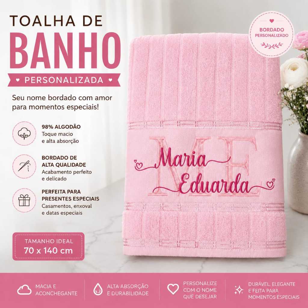 Toalha de Banho Personalizada com Inicial + Nome Bordado | Presente Casamento Enxoval 70x140
