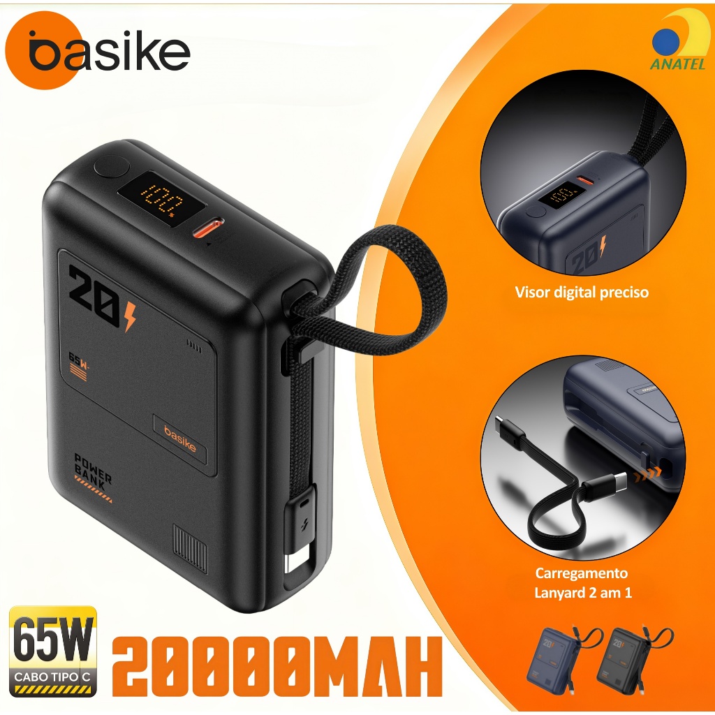 BASIKE Power Bank 20000mAh PD 65W  carregamento rápido Carregamento Duplo Com 2 Cabos