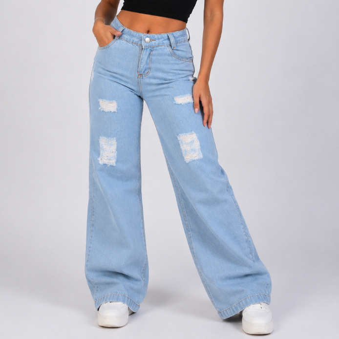 Calça jeans Wide leg Pantalona com destroyd infantil  juvenil 100% Algodão do 10 ao 16 modinha