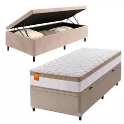 Cama Box Baú Solteiro Colchão Molas Ensacadas Real 88x188x68cm Branco / Bege - Suporta até 130Kg