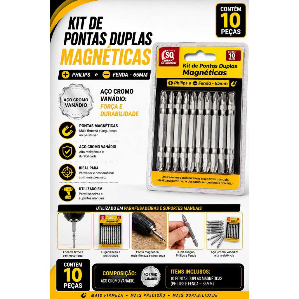 Kit 20 Bits Ponteira Dupla Aço Cromo Vanádio Fenda e Philips Magnética Resistente para Parafusadeira