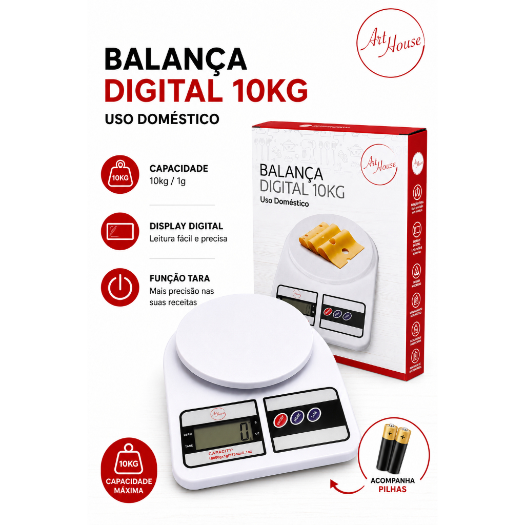 Balança de Cozinha Digital 10kg Com Pilhas Dupla e Sem Pilhas Alta Precisão Branco Confeitaria Fitness Dieta