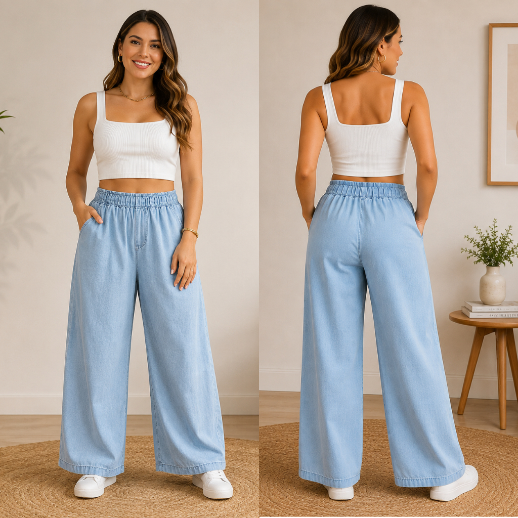 Calça Jeans Feminina corte Reto Cintura Alta com Elástico Soltinha Bolsos Lavagem Clara Escura