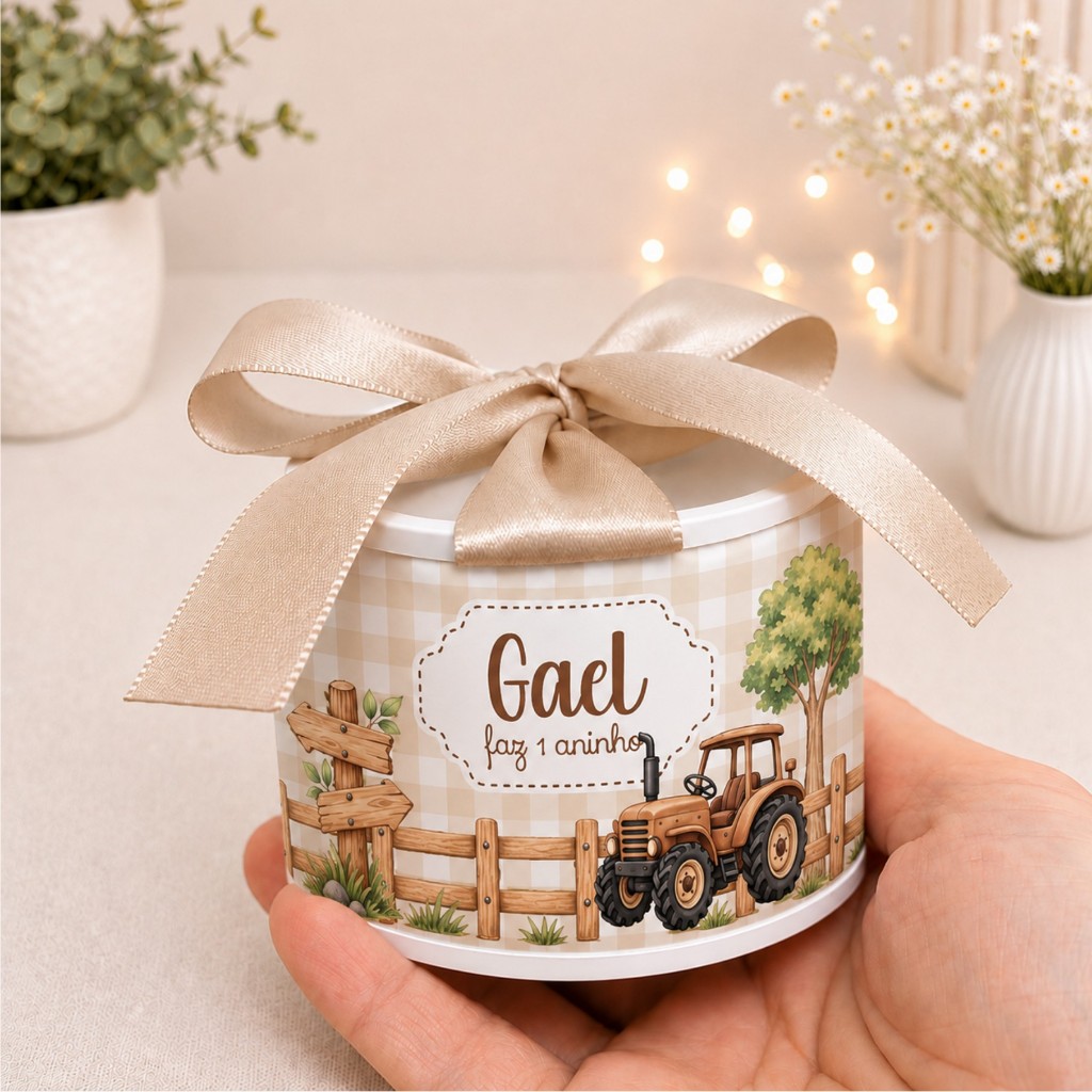 KIT TUBOLATA PERSONALIZADA 5X6-TRATOR-LEMBRANCINHAS-CHÁ DE BEBE-MATERNIDADE-ANIVERSÁRIO