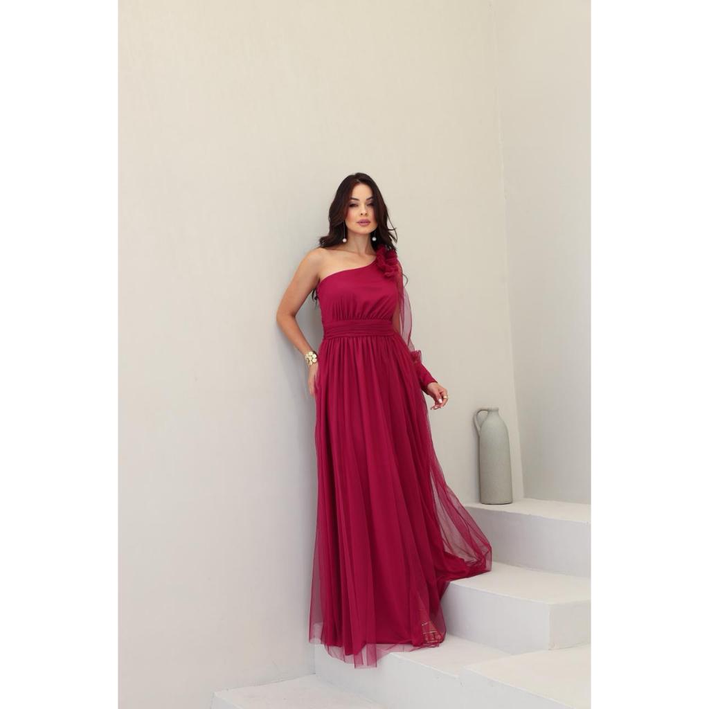 Vestido Longo Festa Madrinha Tule Um Ombro Elegante Casamento Formatura — imagem 2 de 2
