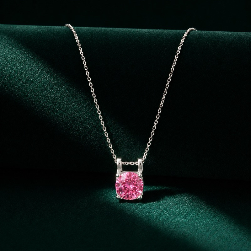Colar Feminino Moissanite Redonda Rosa 8mm em Prata 925 Sofisticado