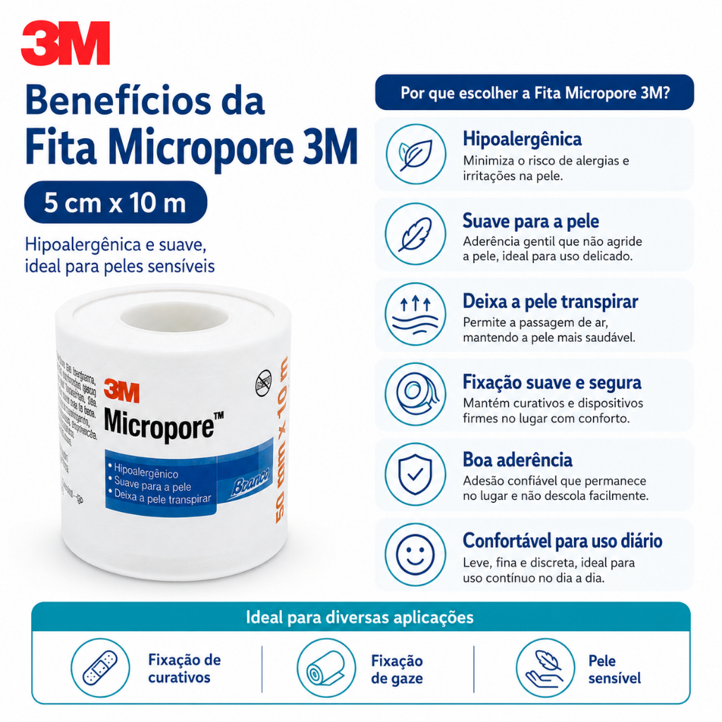 Fita Micropore 3M 5cm x 10m Kit com 10 Unidades Hipoalergênica Branca para Curativos e Fixação