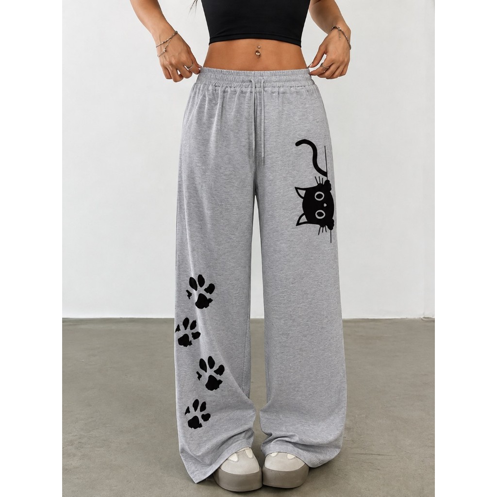 Calça Wide Leg Unissex Gatinho Lado Tecido Premium 100% Algodão Lançamento Do Momento