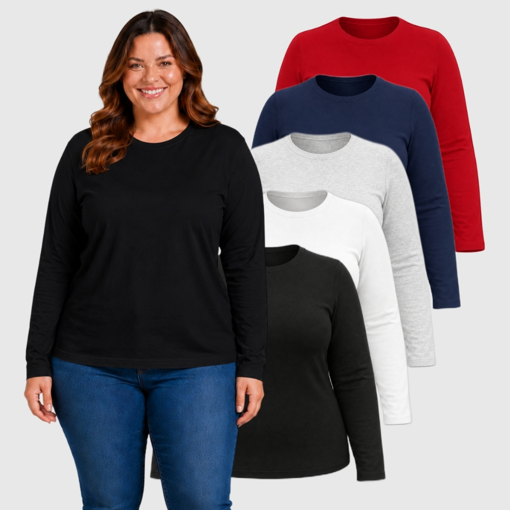 Kit 3 Blusa Camiseta Plus Size Manga Longa Feminina Confortavel Algodão
