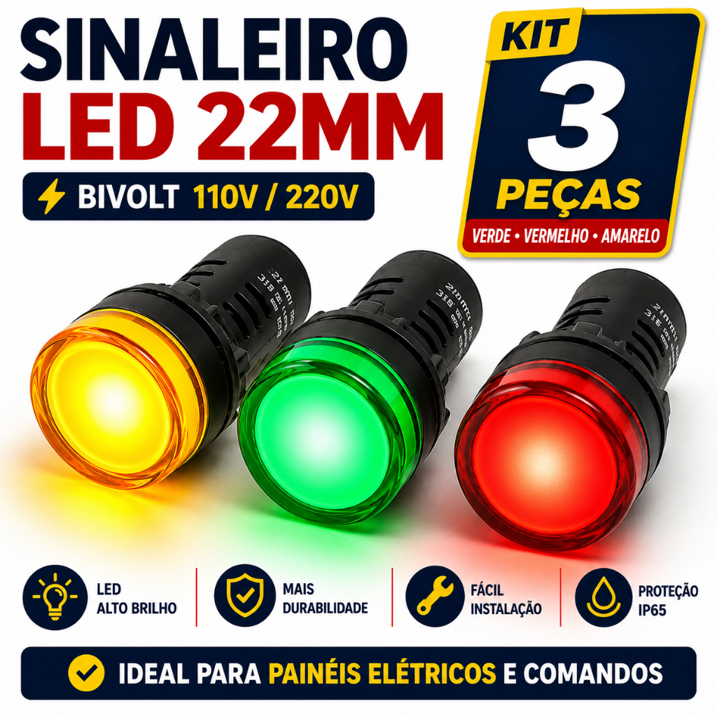 Kit 3 Sinaleiros Led 22mm 110V/220V Painel Elétrico Verde Vermelho Amarelo