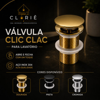 Válvula Dourado Preto Cromado Inox Click Up Inteligente para Lavatório Banheiro Fácil Instalação 4cm