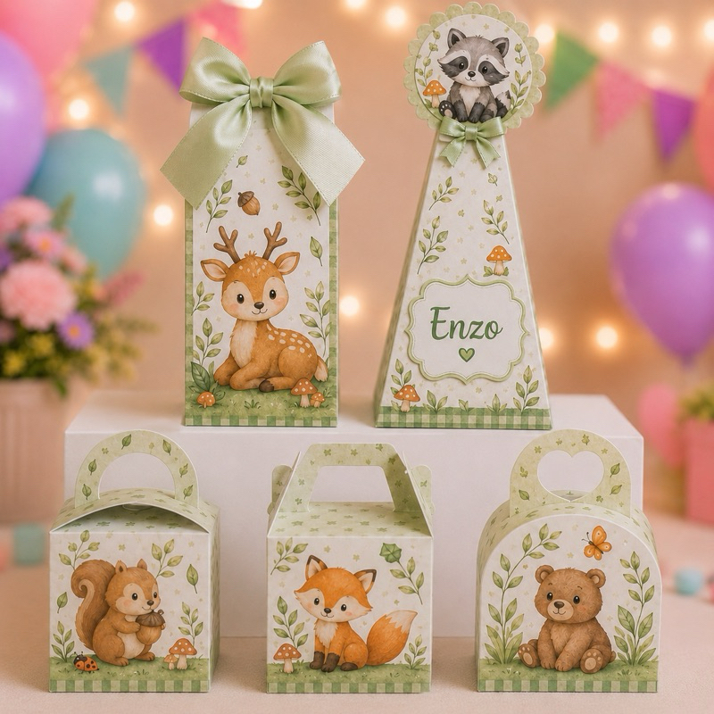Caixinhas Personalizadas Bosque Encantado Verde Menino para lembrancinhas de festa, aniversário, mesversario.